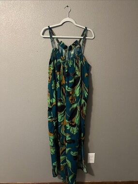 Anthropologie Teal, Green & Black Floral Wide-Leg Jumpsuit